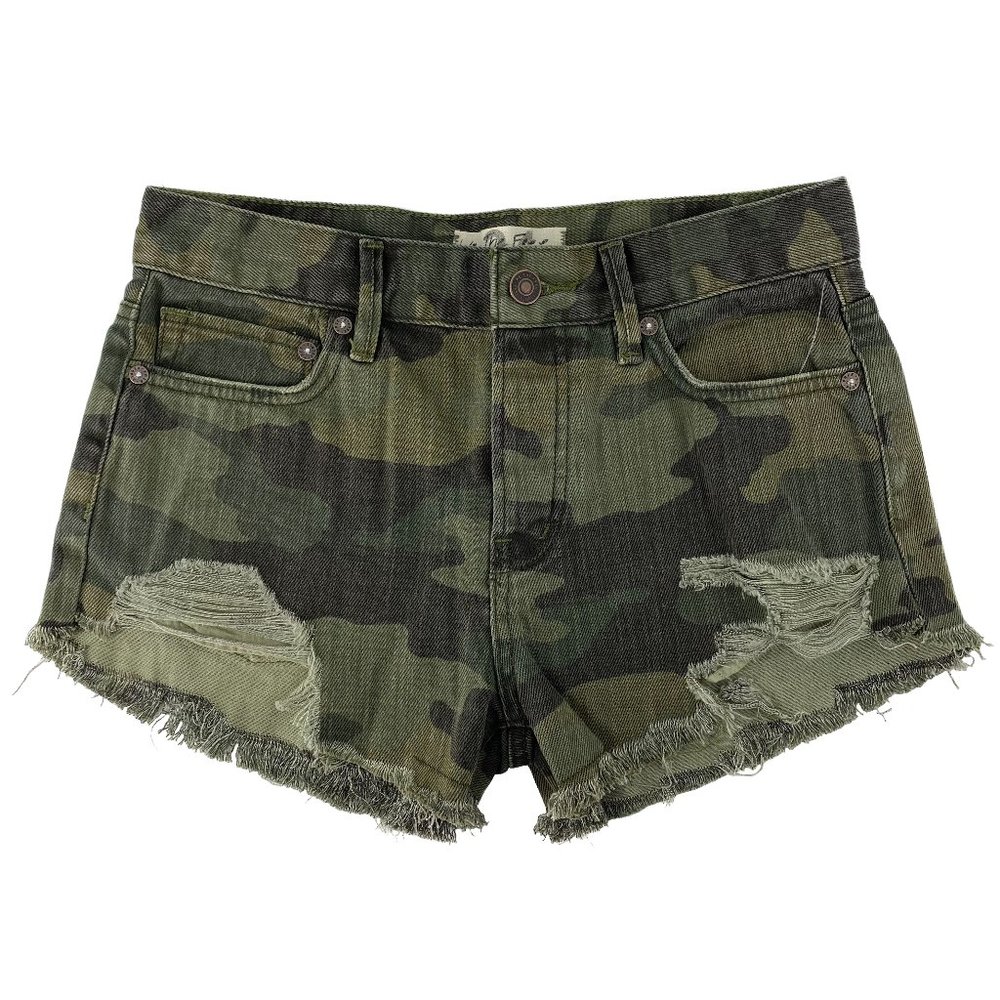FREE PEOPLE We the Free Camo Combo Distressed Raw Hem Cutoffs Size 24